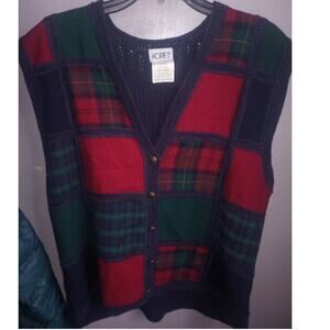 Unisex Koret VTG Plaid Tartan Holiday Vest Wool Patch Large